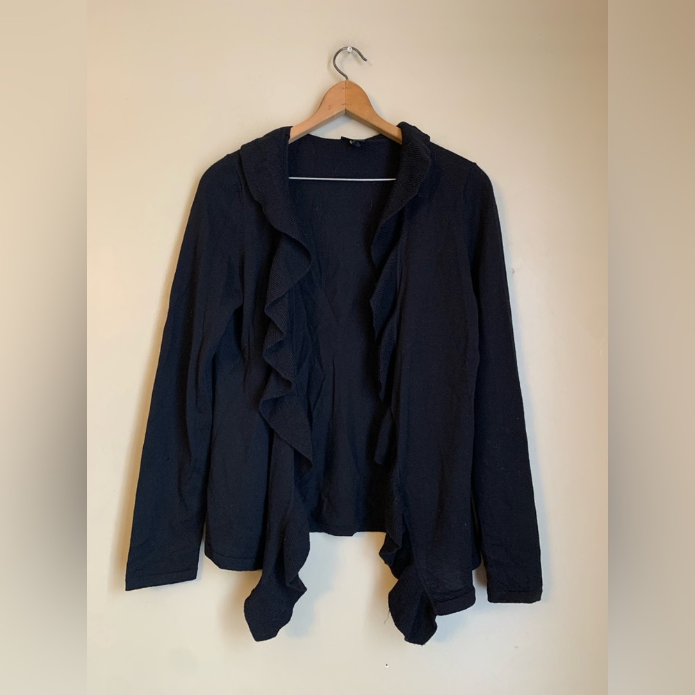 TALBOTS Pure Italian Merino Wool Cardigan Open Front Ruffle Sweater Size Medium